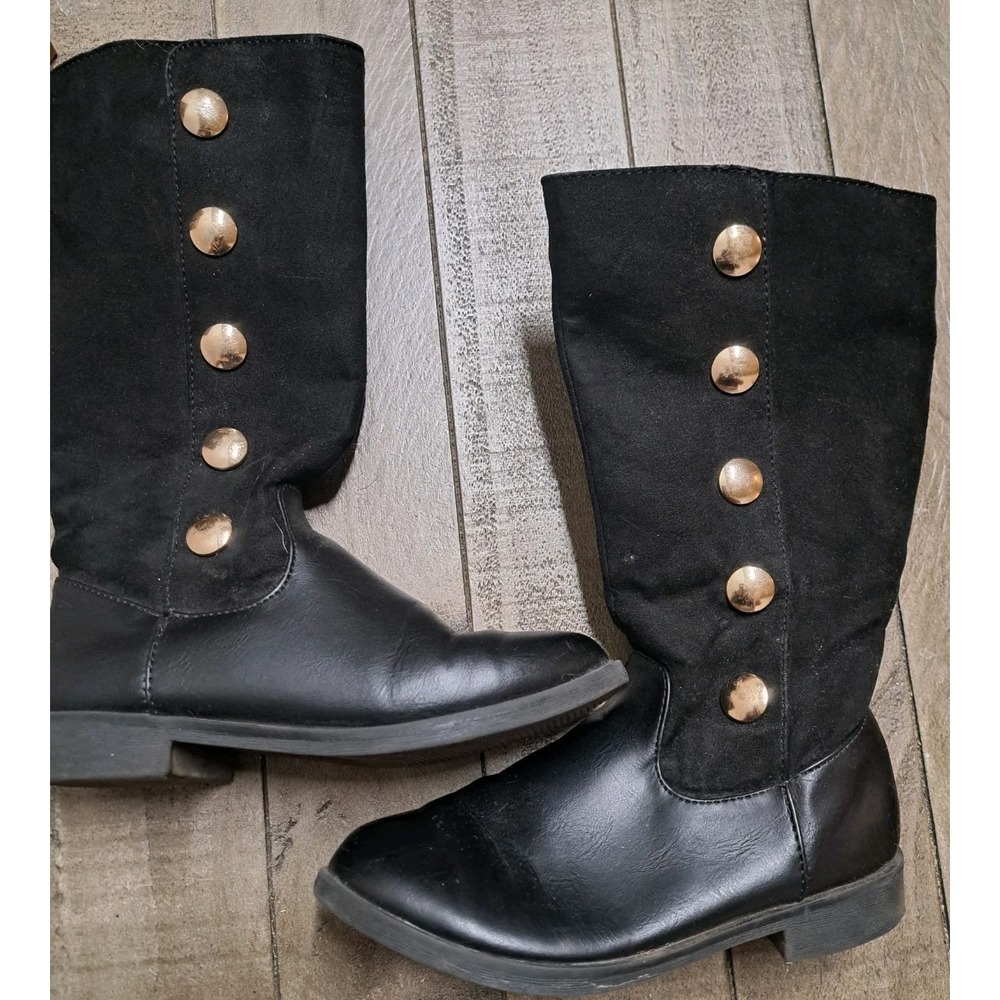 Girls Black Knee High Boots Gold Button Side Zip Size 13 Kids Riding Style